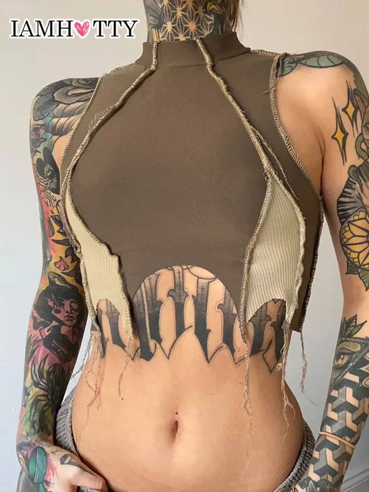 

IAMHOTTY Ripped Patchwork Vintage Tank Top Women Reverse Stitching Grunge Camis Casual Basic Sleeveless Tops Fitness Vest Chic