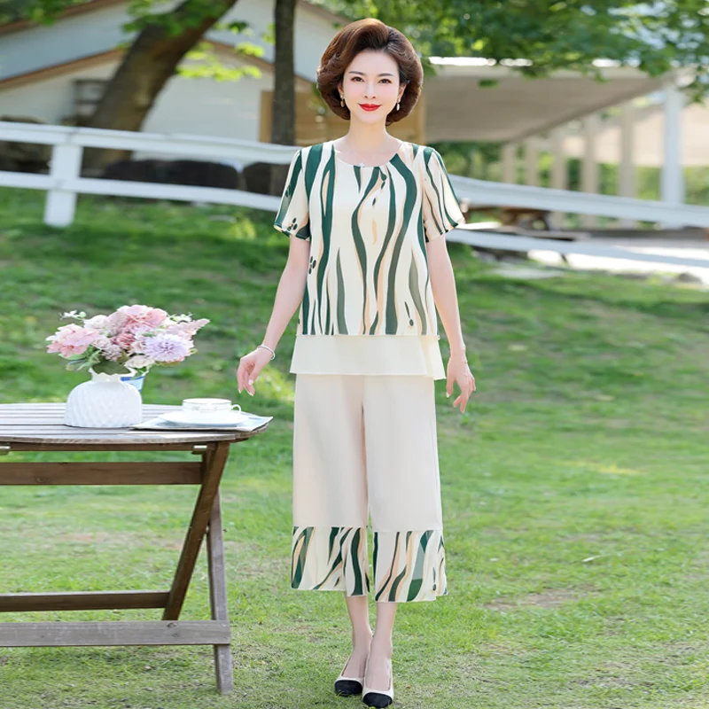 

Mother Set Summer 2022 New Two-Piece Middle-Aged And Elderly Women Top Casual Wide Leg Pants Short-Sleeved T-Shirt Suit Female