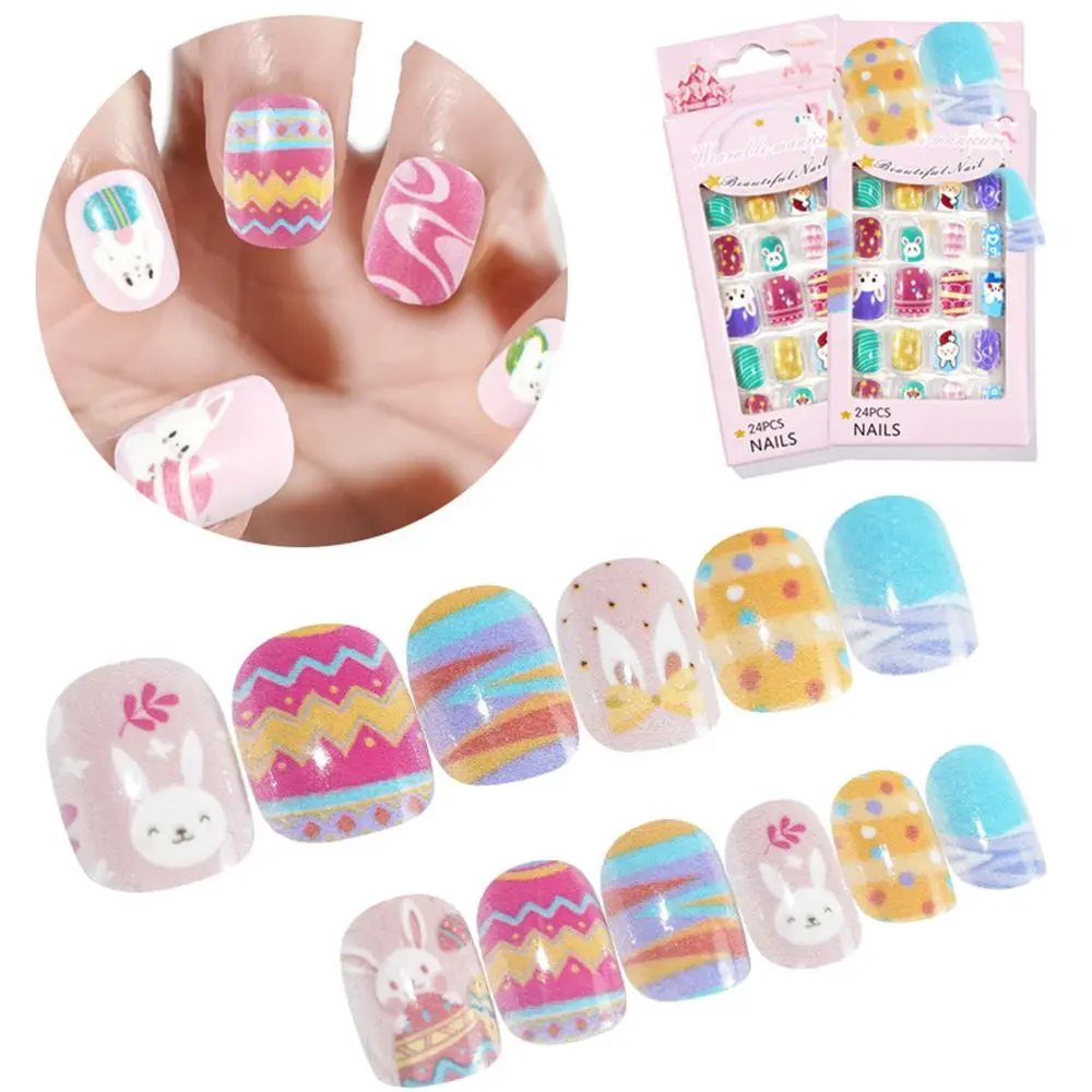 

24Pcs Kids Fake Nails Press On Nail Art Decor Child Detachable False Nails Oval Wearable Full Cover Nail Tips Manicure Tools