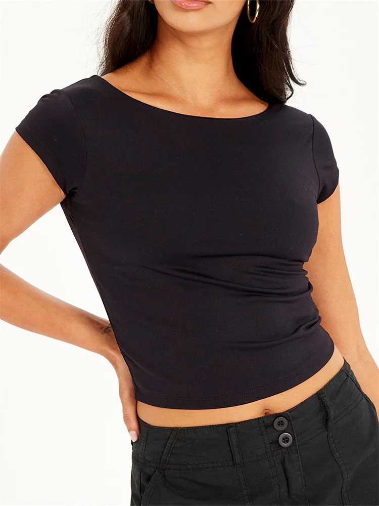 

Женская футболка с круглым вырезом, коротким рукавом и открытой спиной