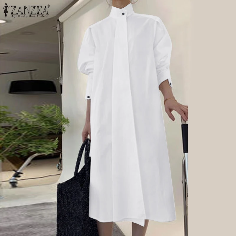 

Women Elegant Solid Shirt Dress ZANZEA Vintage Long Sleeve Button Down Midi Kaftan Oversized Beach Vestidos Office Work Sundress