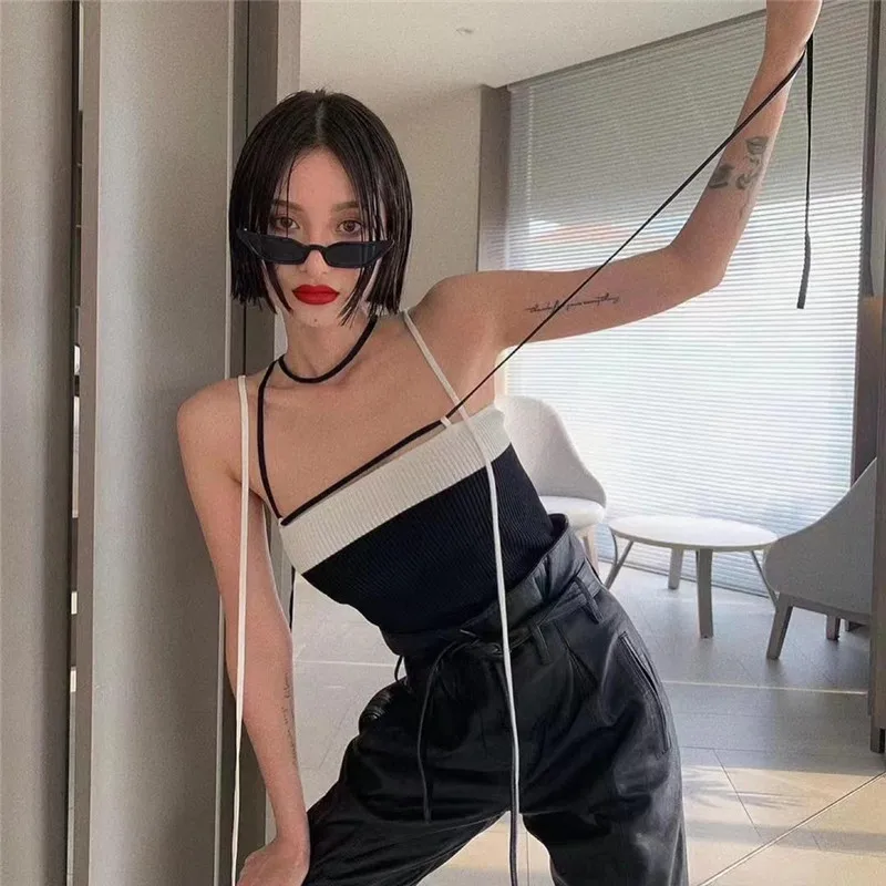 

Summer Sexy Streetwear Off Shoulder y2k Fashion Contrast Color Patchwork Lace-Up Slim Fit Camis Women Spaghetti Strap Tank Top