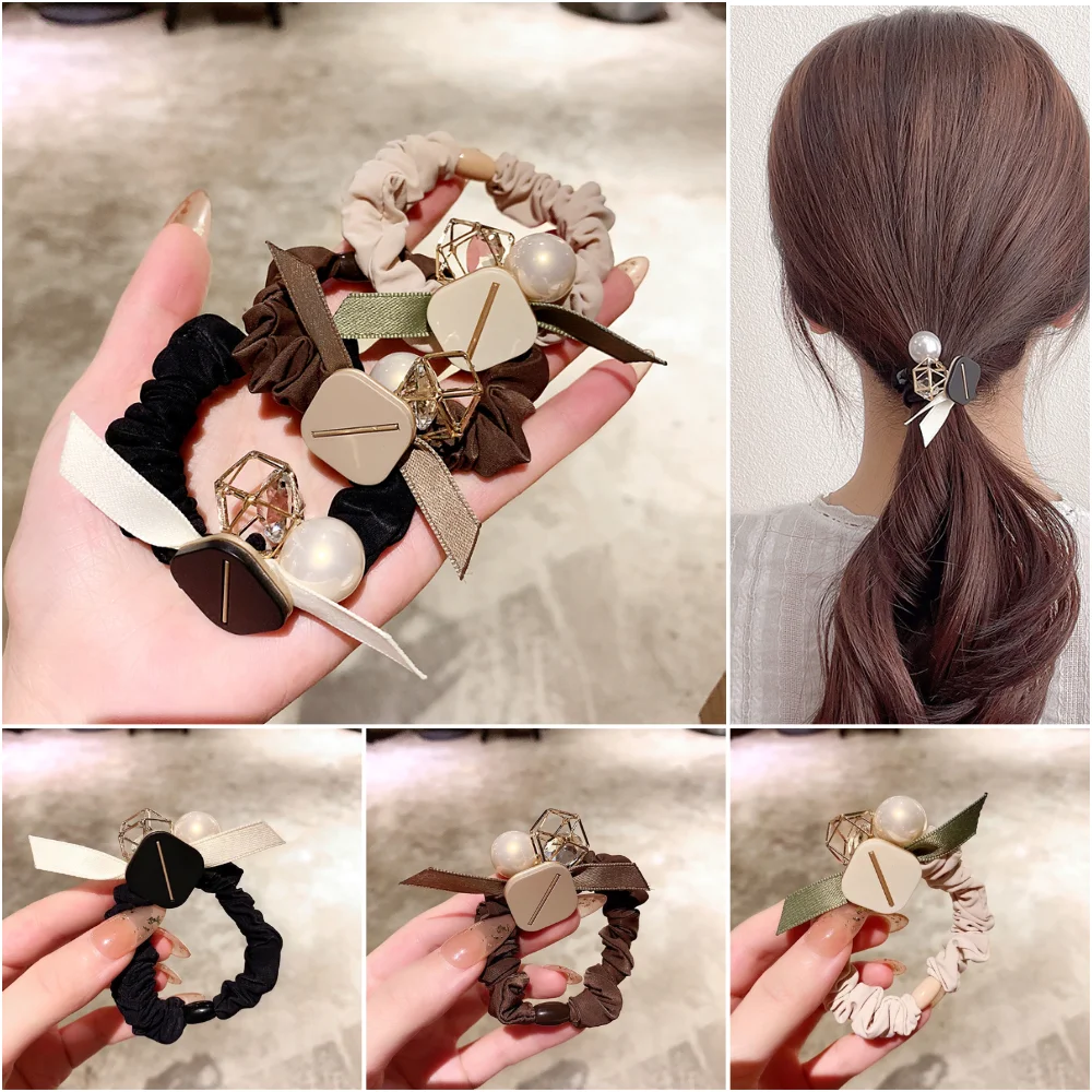 

Fashion Pearl Crystal Bowknot Scrunchies Vintage Geometric Silk Hair Rope for Women Girls Elastic Ponytail Bun Hairband Headwear