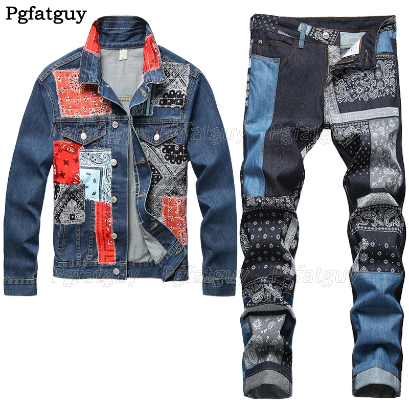 

2022 Slim Fit Men's Set Spring Autumn Applique Color Denim Jacket + Stitching Jeans 2 Piece Set Fashion Casual Male Clothing