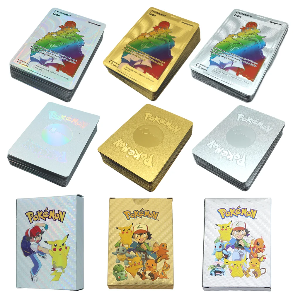 

27/55pcs Pokemon Metal Gold Sliver Flash Rainbow Cards English Pikachu Charizard Vmax Rare Hobbies Collection Battle Trainer Toy