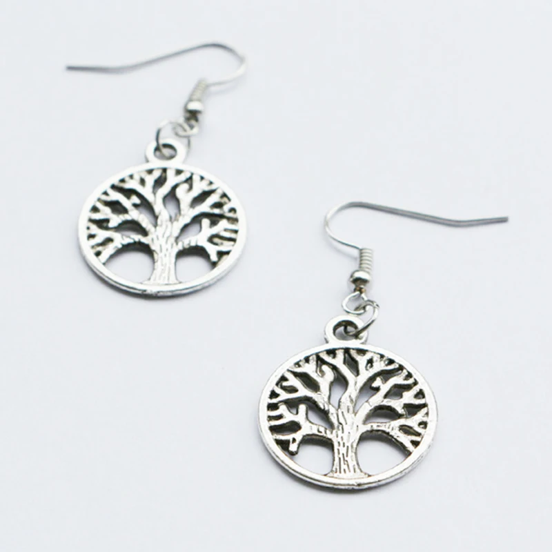 

12 Pairs Vintage Metal Alloy Antique Silver 20mm Small Life of Tree Hook Earrings Women Girls Simple Jewelry