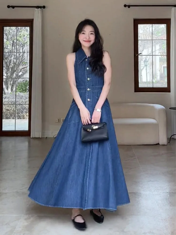 

Джинсовое платье для женщин, облегающее платье А-силуэта без рукавов, с поясом, во французском стиле