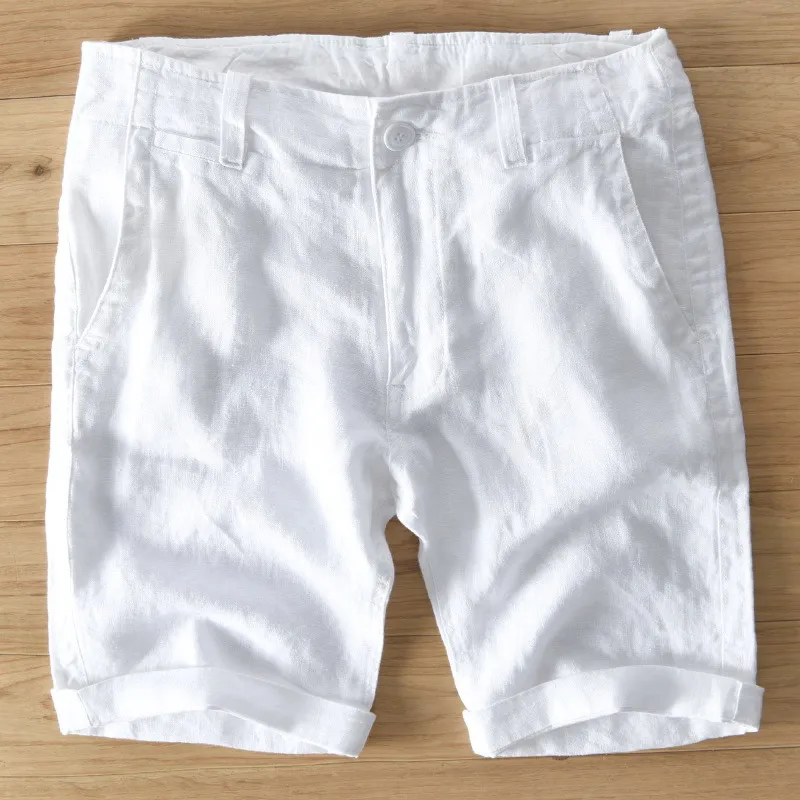 

2022 Men's 100% Linen Shorts Straight Fit Summer Beach Shorts Solid Color Breathable Casual Shorts 1921a