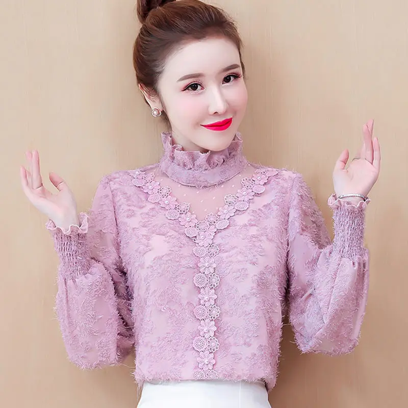 

T shirt solid female 2022 autumn and winter new lace long sleeve bottoming shirt women's wearing a half-high collar clothes