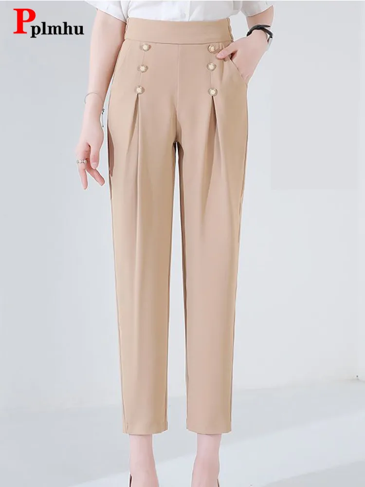 Casual Double-breasted Pencil Pants Elegant Women High Waist Ankle-length Harem Pantalones Oversize Korean New Office Trousers