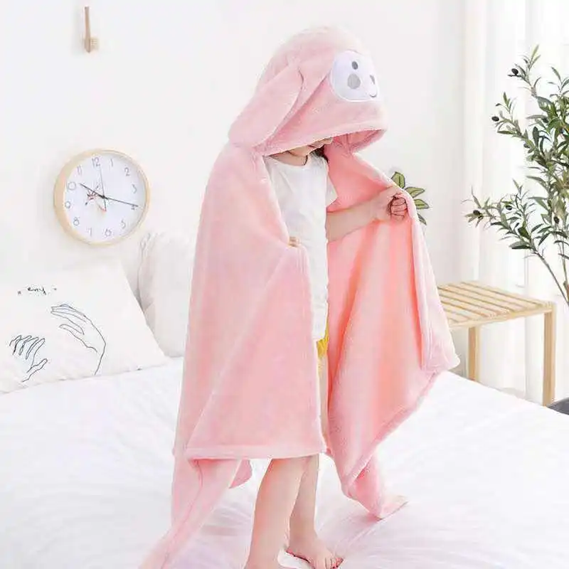 Coral Velvet Cute Cartoon Baby Hooded Cape Four Seasons Baby Bath Towel Children Soft Bathrobe Baby Bedding Sleeping Blanket