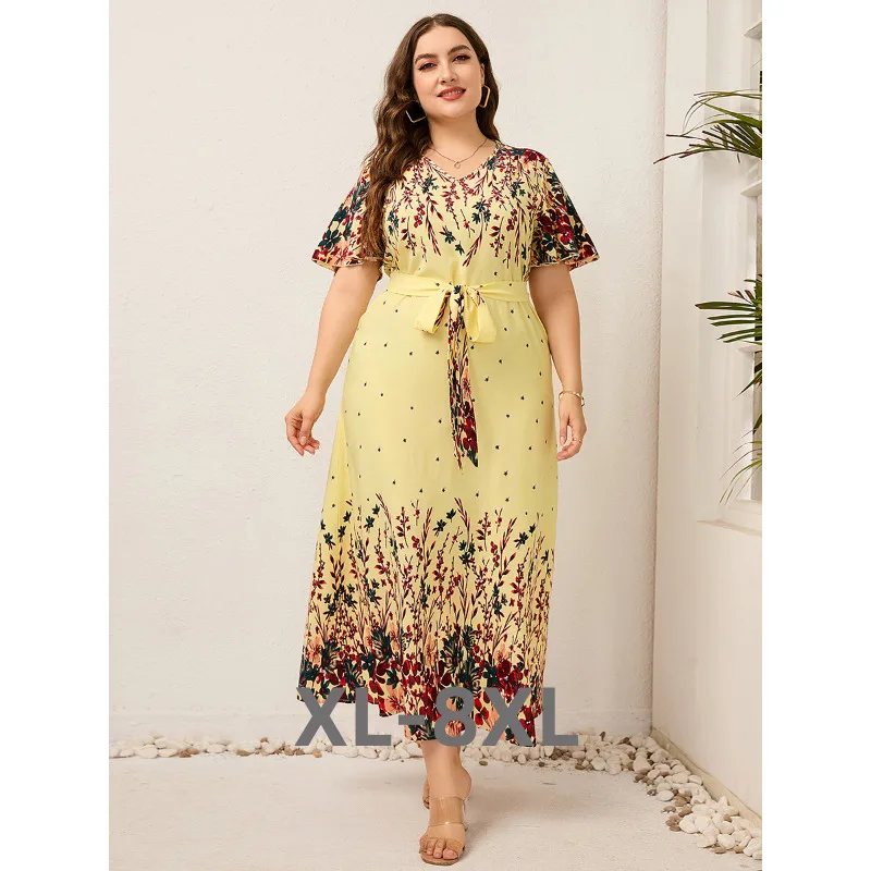 Plus Size 2023 Fashion Summer 3xl 4xl 5xl v Neck Long Dresses Elegant Floral Boho Dress Streetwear Dress for 3xl 4xl 5xl 6xl