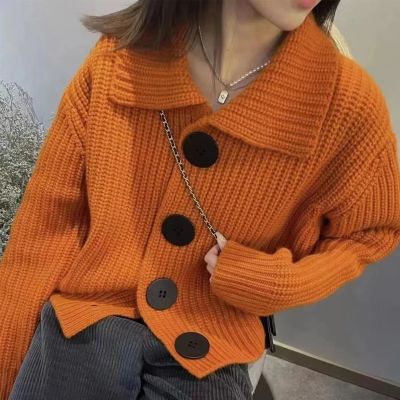 

Casual Sweaters Jackets for Women's Fashion Korean Lazy Loose Knitted New Cardigan Polo Collar Lady Jumpers 2023 Autumn Winter