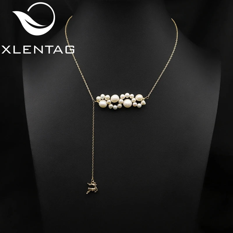 

XlentAg Flat Elk More Natural Pearls Long Chain Pendant Necklace Korea Romantic Charm Trend Women's Jewelry Girlfriend Gifts