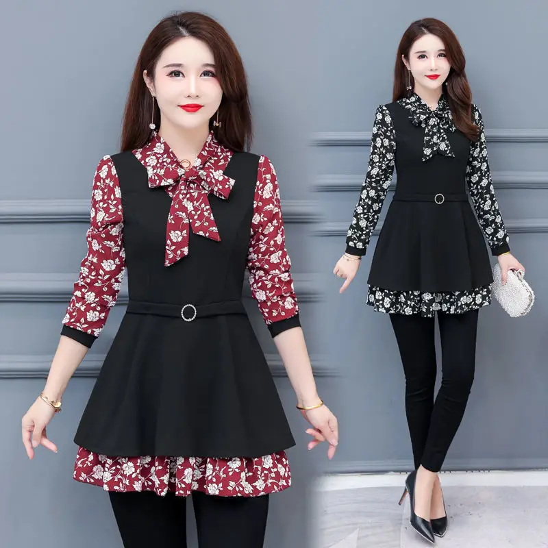 

Women Chiffon Print Blouses Fake Two Pieces Long Sleeve Pullover Casual Lady Shirt Top Feminin Female Loose Oversize Tops G172