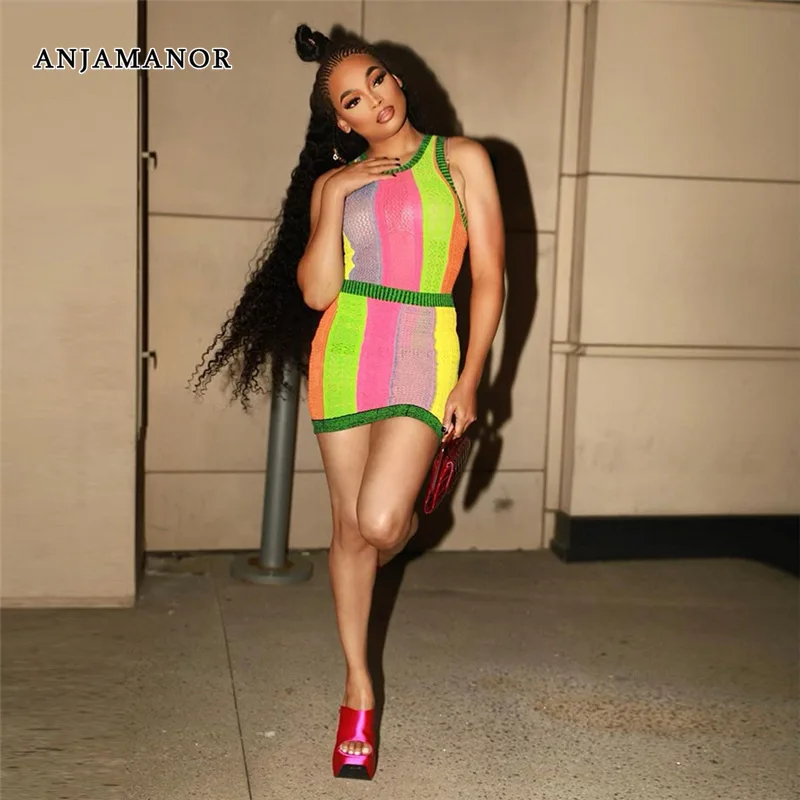 

ANJAMANOR Sexy Two Piece Set Striped Mesh Sheer Mini Skirt and Top Clubwear Summer Clothes for Women 2022 Matching Sets D87-BE13