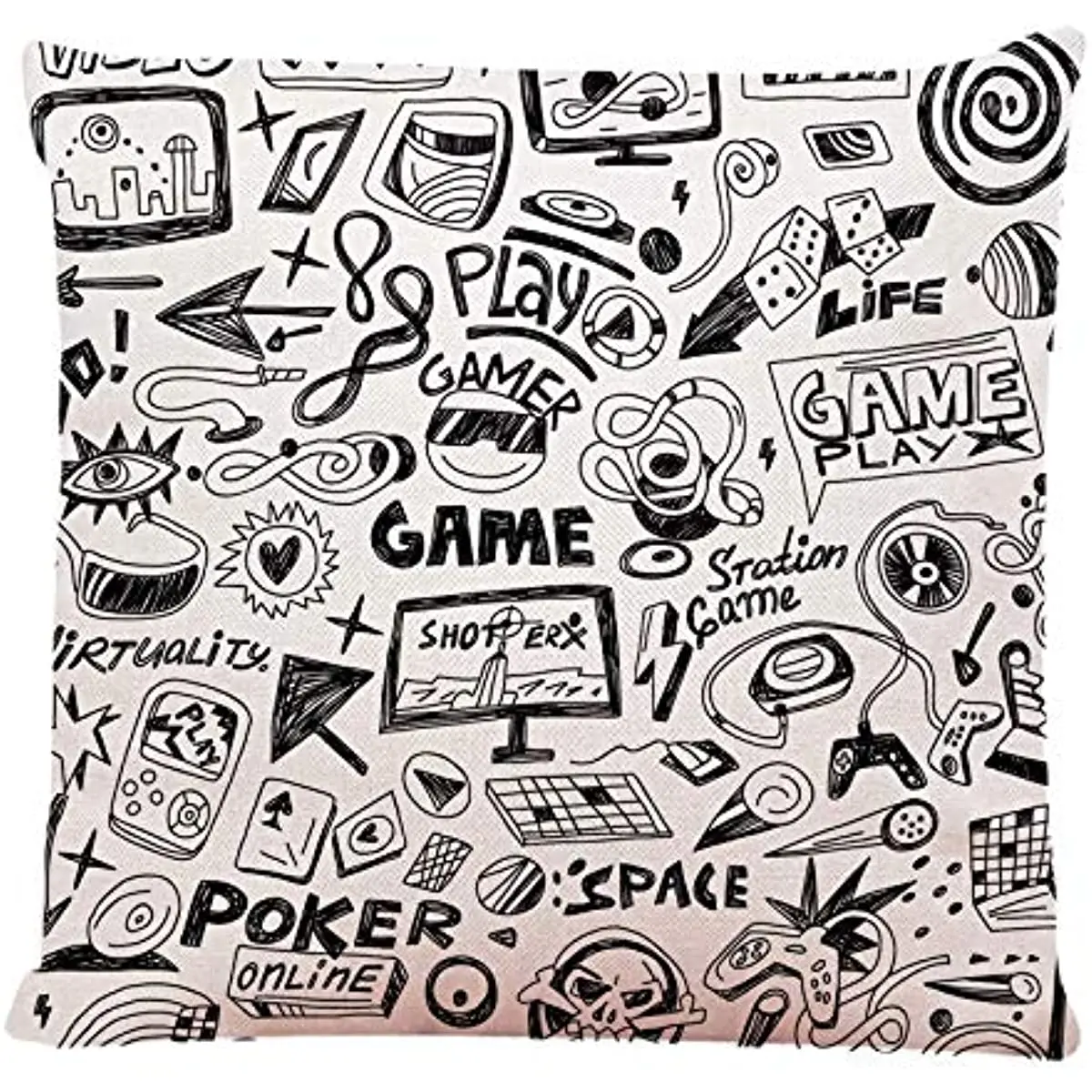 

Linen Square Throw Pillow,Games Doodles Throw Pillow Cover Video Controller Button Square Decorative Throw Pillow Cushion Case