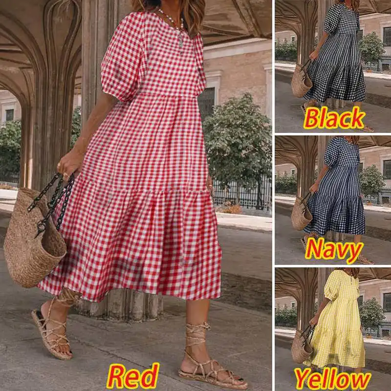 

Dresses For Women 2022 Summer New Fashion Solid Mid Length Casual Short Sleeve Plaid Ruffle Loose Dress Party Women