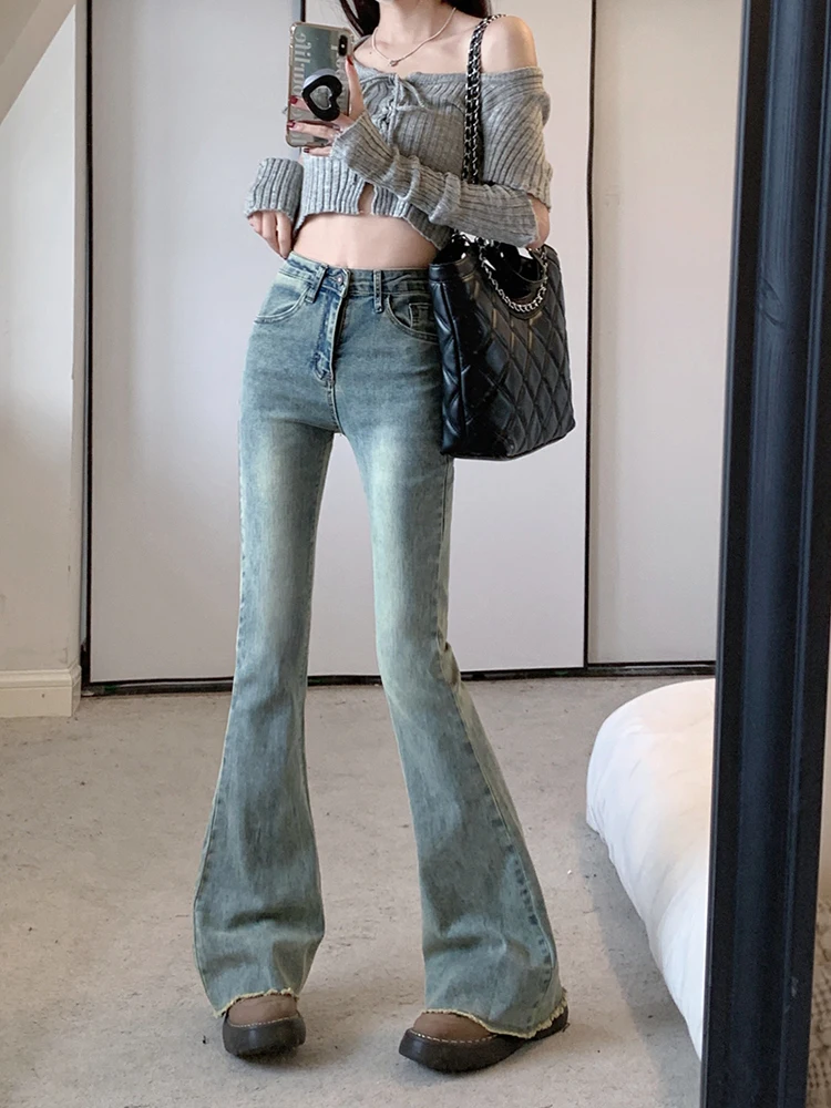 

Spring Summer Stretch Elasticity Skinny Denim Y2K Flared Pants Women Street Style Fringe Hem Jeans Long Trousers for Tall Women