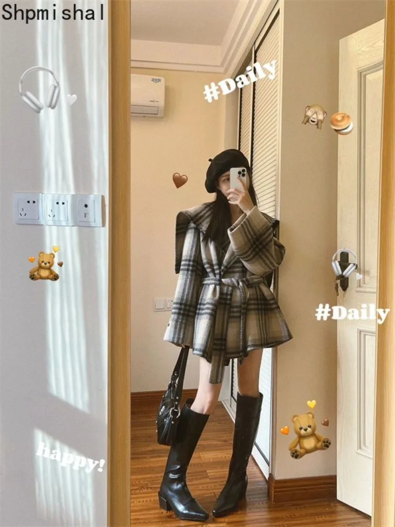 Зимнее Новое утолщенное винтажное шерстяное пальто в клетку для женщин