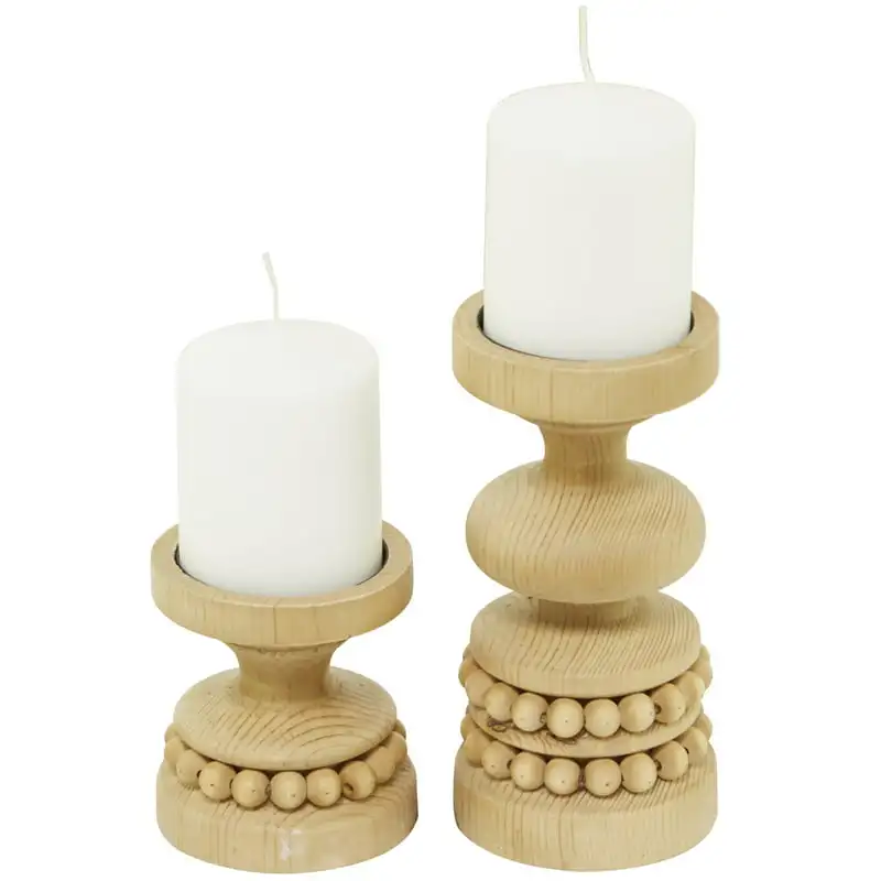 

2 Candle Brown Wood Beaded Pillar Candle Holder, Set of 2