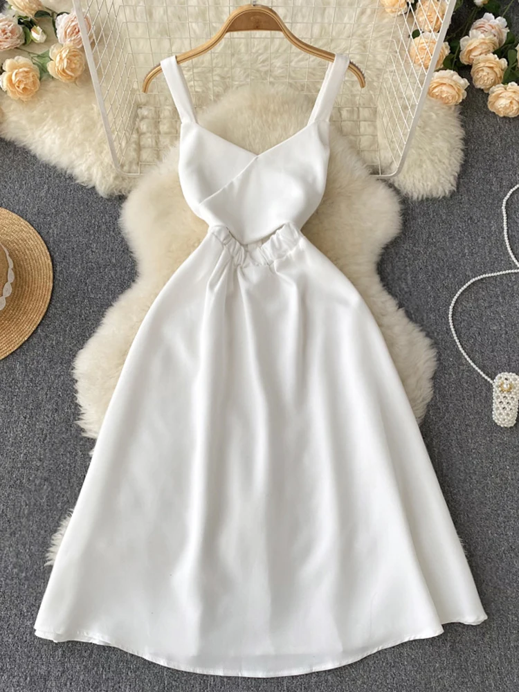 

YuooMuoo Romantic Hollow Out Waist White Black Party Dress Women Elegant High Waist A-line Long Dress Summer Vestidos