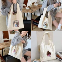 women canvas vest bag fashion mom series print shoulder bag foldable reusable shopper harajuku style tote bags student schoolbag