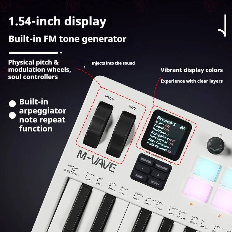 Фото Портативный MIDI-контроллер M-VAVE SMK-37 Pro с 37 клавишами ​   С встроенным синтезатором, 8 регуляторами, 16 RGB-педалями и 37-клавишной панелью для перкуссии. №4