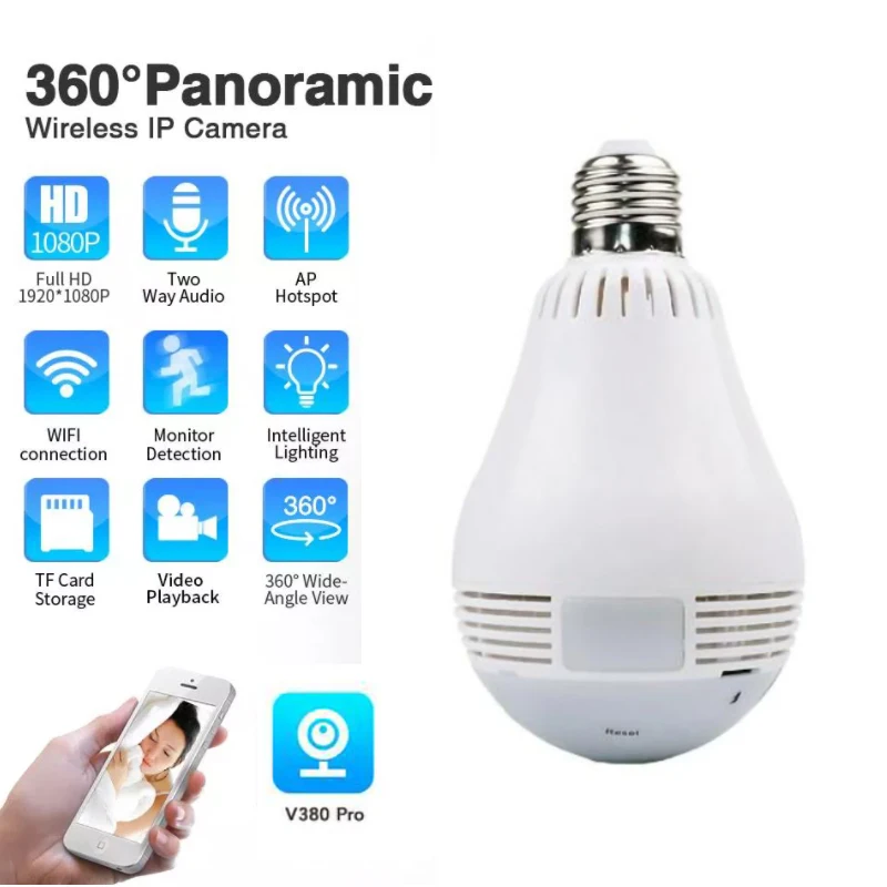 

360° Panoramic Camera Fisheye HD Lamp Bulb Camera Wifi Home Security Video Surveillance Wireless IP Camera App Remote Viewing