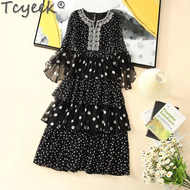 

Elegant Woman's Dress 2023 Summer Print Dresses for Women Clothing High-end 100% Mulberry Silk Womens Dresses Vestido Feminino