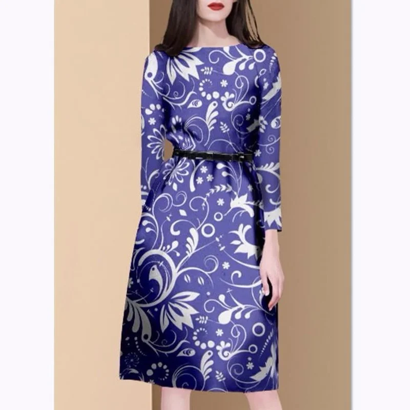 

Блузка Весна-Осень 2022 Новинка женское Повседневное платье с круглым вырезом и принтом на зарубежном Возраст платье средней длины с рукавом ...