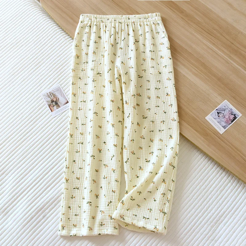 2023 Summer New Women's Capris 100% Cotton Crepe Printed Pajama Pants Thin Wide Leg Pants Loose Large Home Pants Pajama Pants