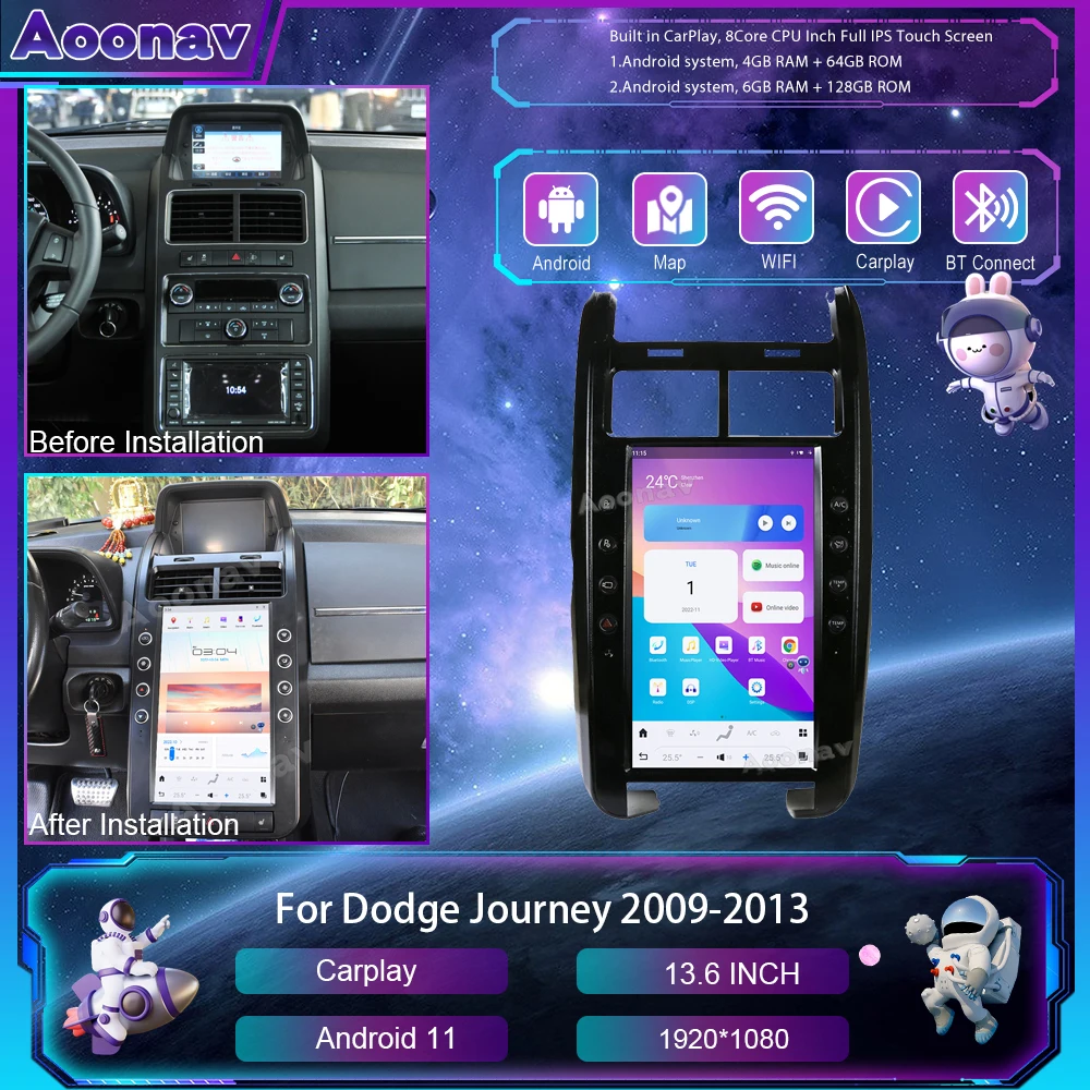 

Автомобильная стерео-система на Android, 13,6 дюйма, для Dodge Journey 2009-2013, мультимедийный GPS-навигатор, сенсорный экран Теслы, плеер для Carplay, головное устройство
