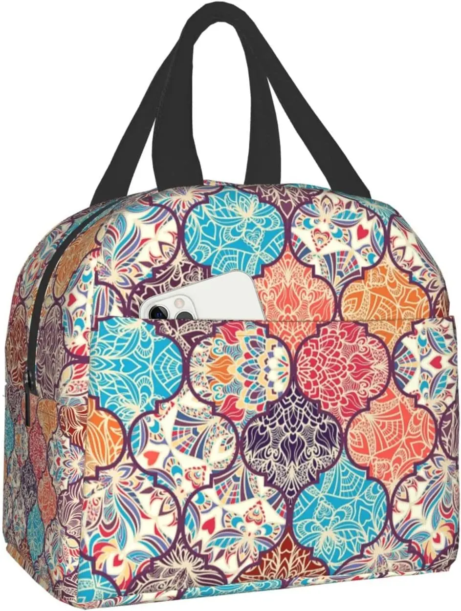 

Colorful Boho Moroccan Pattern Lunch Bags For Women Portable Cooler Tote Bag Large Reusable Insulated Lunch Box Picnic Work