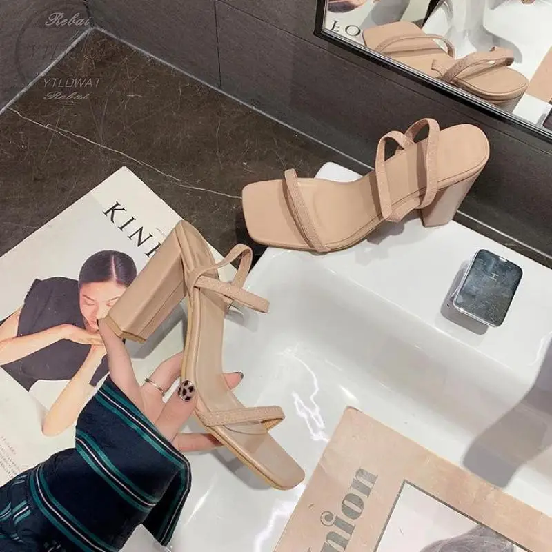 2022 Drop High Heels Sandals Womens Square Open Toe Heeled  Sexy Party Pumps Hot Sale New Summer Candy Color Shoes Mujer