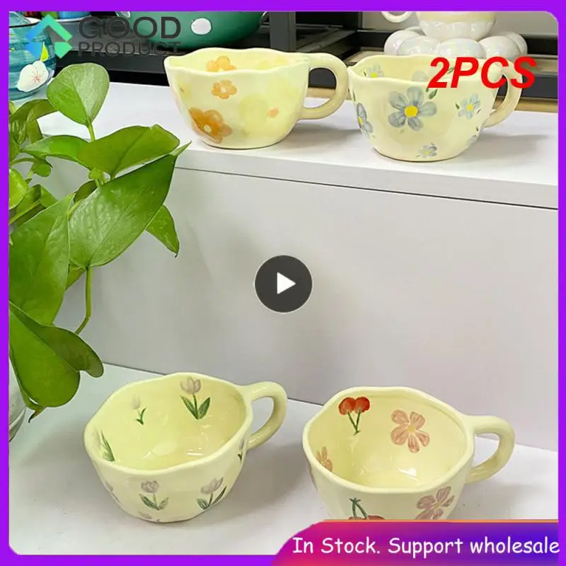 

2PCS Ceramic Mugs Coffee Cups Hand Pinched Irregular Flower Milk Tea Cup Ins Korean Style Oatmeal Breakfast Mug Drinkware