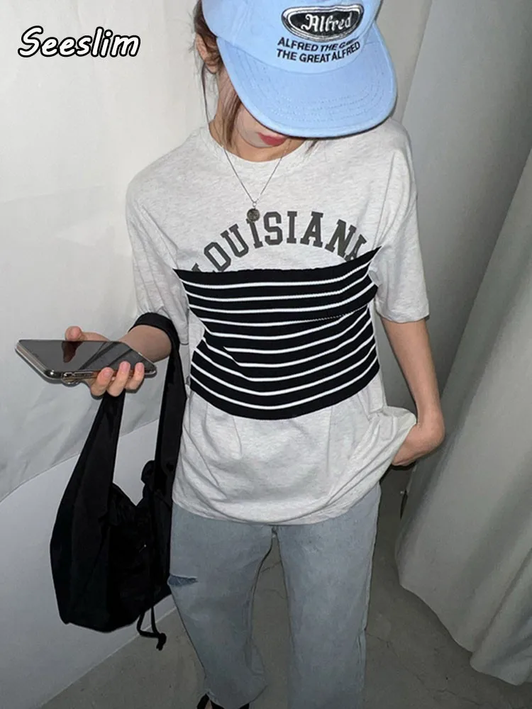 

Seeslim Summer Korean Style T-shirt Women Short Sleeve Streetwear Grunge Aesthetic Vintage T Shirt Patchwork Tee Shirt Femme