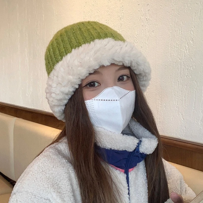 

Вязаная женская шапка ручной работы, плотная Панама, плюшевая шапка контрастных цветов для девочек-подростков, зимняя Лыжная шапка, Теплый головной убор, Корейская шапка