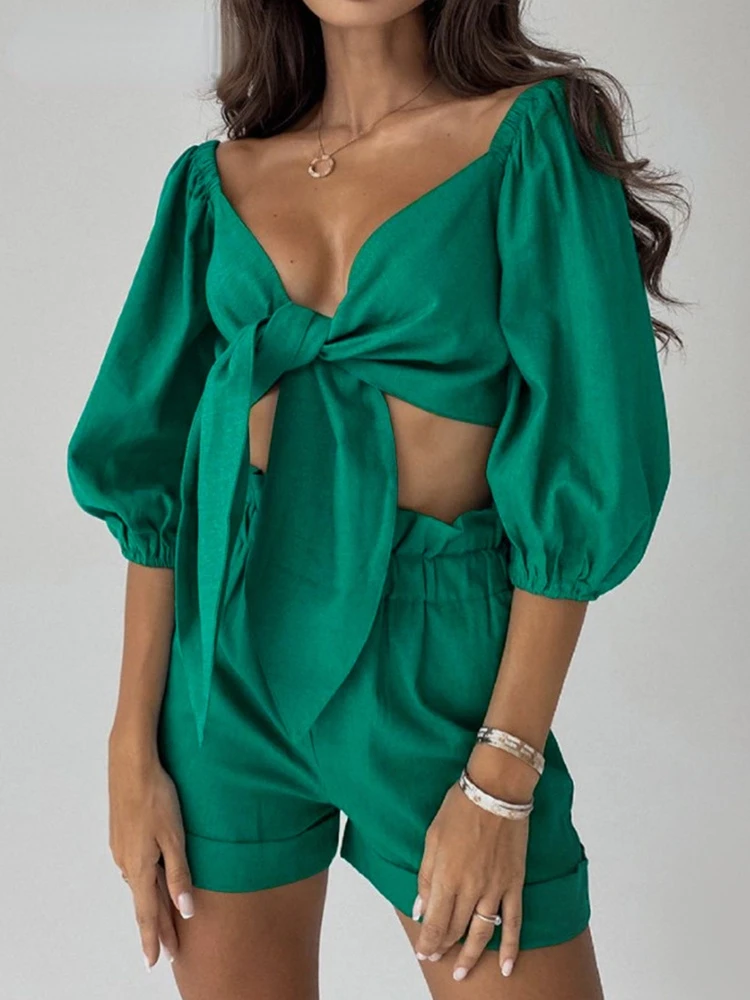

2022 Spring Summer Women's Shorts Set Cotton Linen Solid Fashion Casual Sexy Cardigan Lace-up Top and Pocket Shorts 2 Piece Set