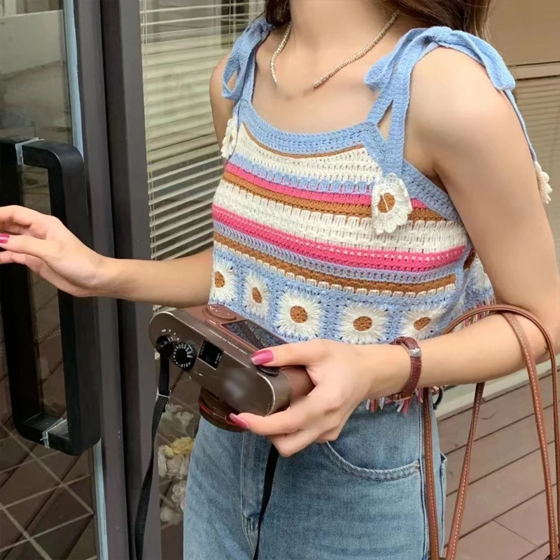 

Кроп-топы Colorblock, женские топы с вязаным крючком, Стильная летняя майка на шнуровке