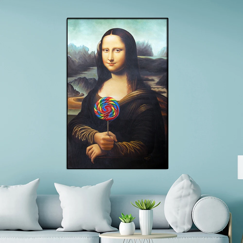 

Mona Lisa Famous Altered Art Poster Rainbow Lollipop Canvas Painting Pint Lollipop Picture For Living Room Decor Cuadros Quadros
