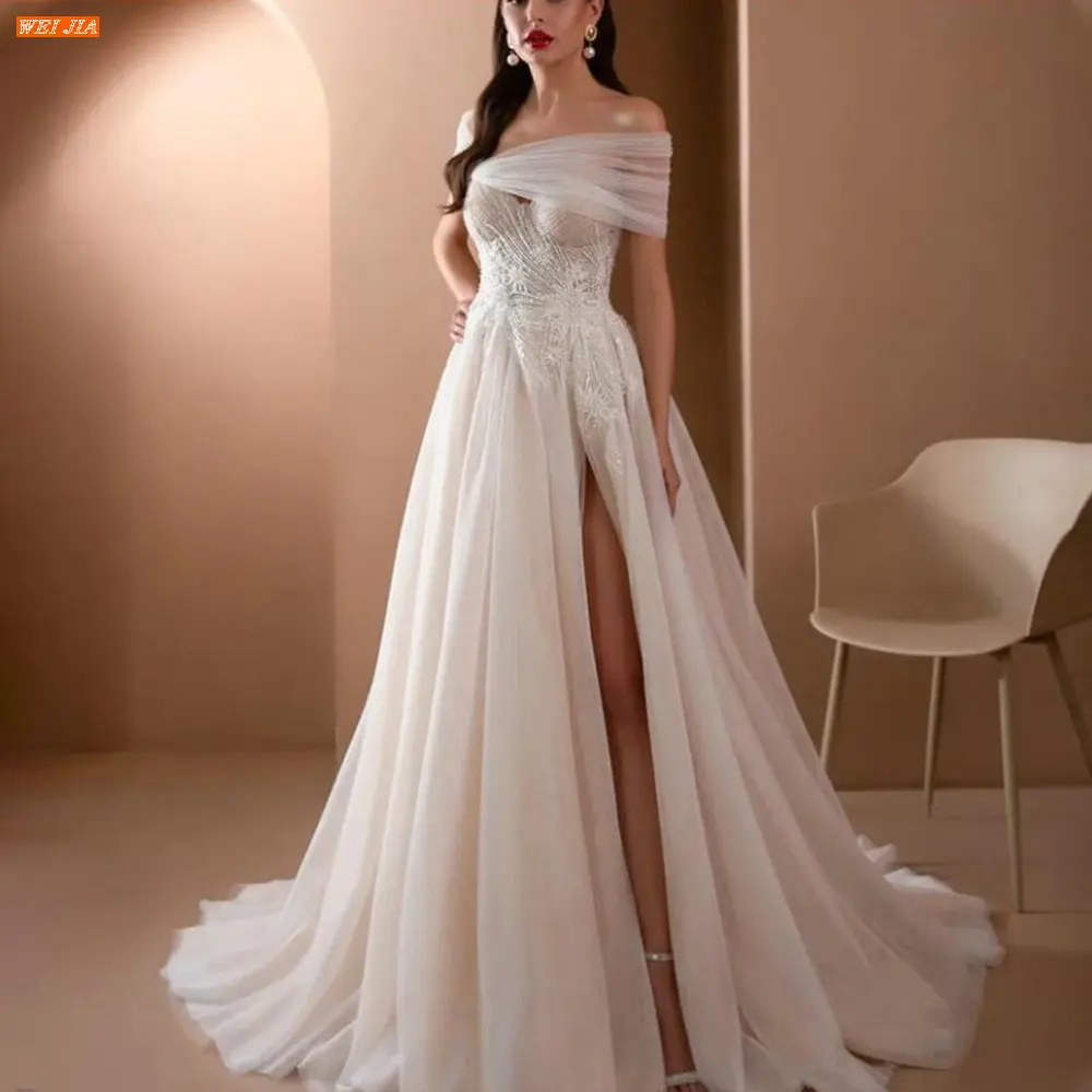 

Graceful Off Shoulder Lace Appliques Wedding Dress Backless Side Slit Vestidos De Novia A Line Tulle Bride Gown Robe De Mariee