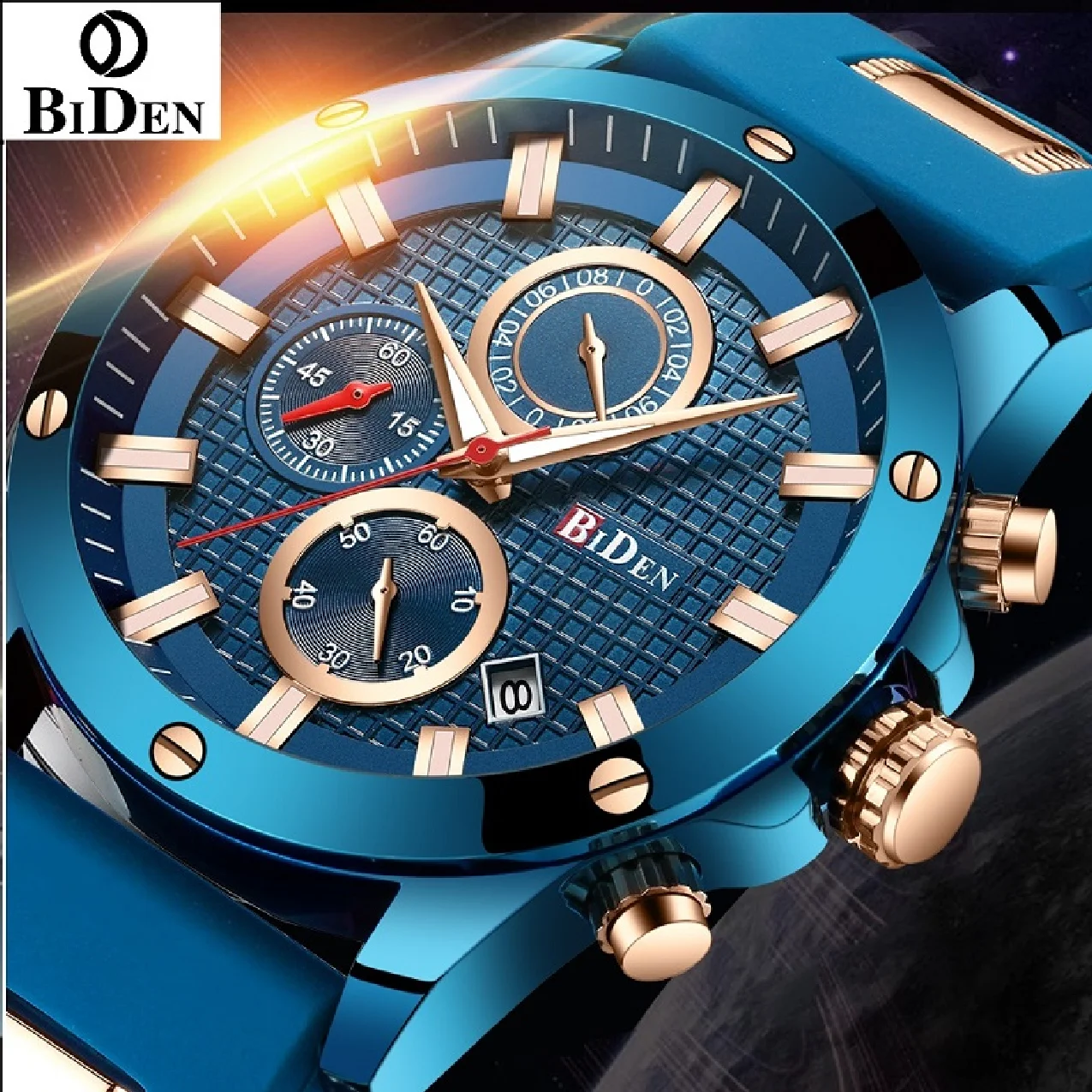 

Biden Original Mens Fashion Casual Sport Japan Quartz Wristwatch Chronograph Stop Watch Calendar Luminous Hand Silicone Strap