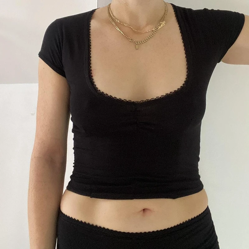 

Maemukilabe Kawaii приталенные Детские футболки с коротким рукавом Корейская шикарная кружевная отделка для девочек короткие топы Fairycore Y2K Ретро Милая Черная футболка