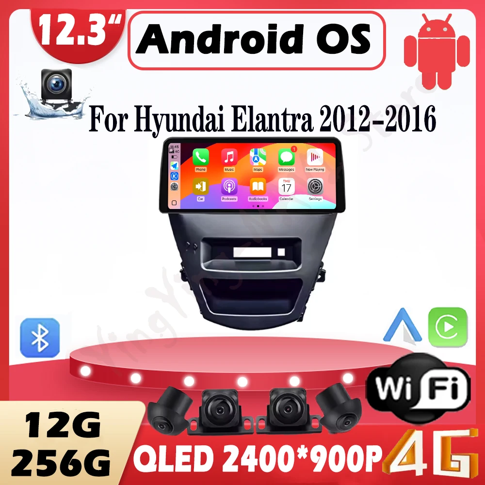 Фото 12,3-дюймовый для Hyundai Elantra 2012-2016 Android 15, автомобильный радиоприемник, стерео, беспроводной Carplay, Android, сенсорный экран, GPS, WFl, DSP, Wi-Fi №1