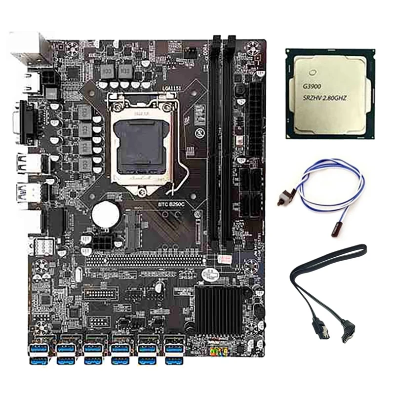 

B250C BTC Mining Motherboard 12 USB3.0 To PCIE+G3900 CPU+Switch Cable+SATA Line LGA1151 DDR4 RAM SATA3.0+MSATA ETH Miner