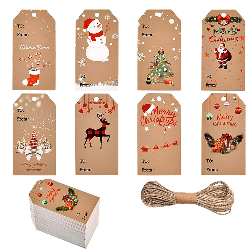 

50pcs Merry Christmas Tags Kraft Paper Card Gift Label DIY Hang Tags Gift Wrapping Decor Gift Card Christmas Favors Supplies