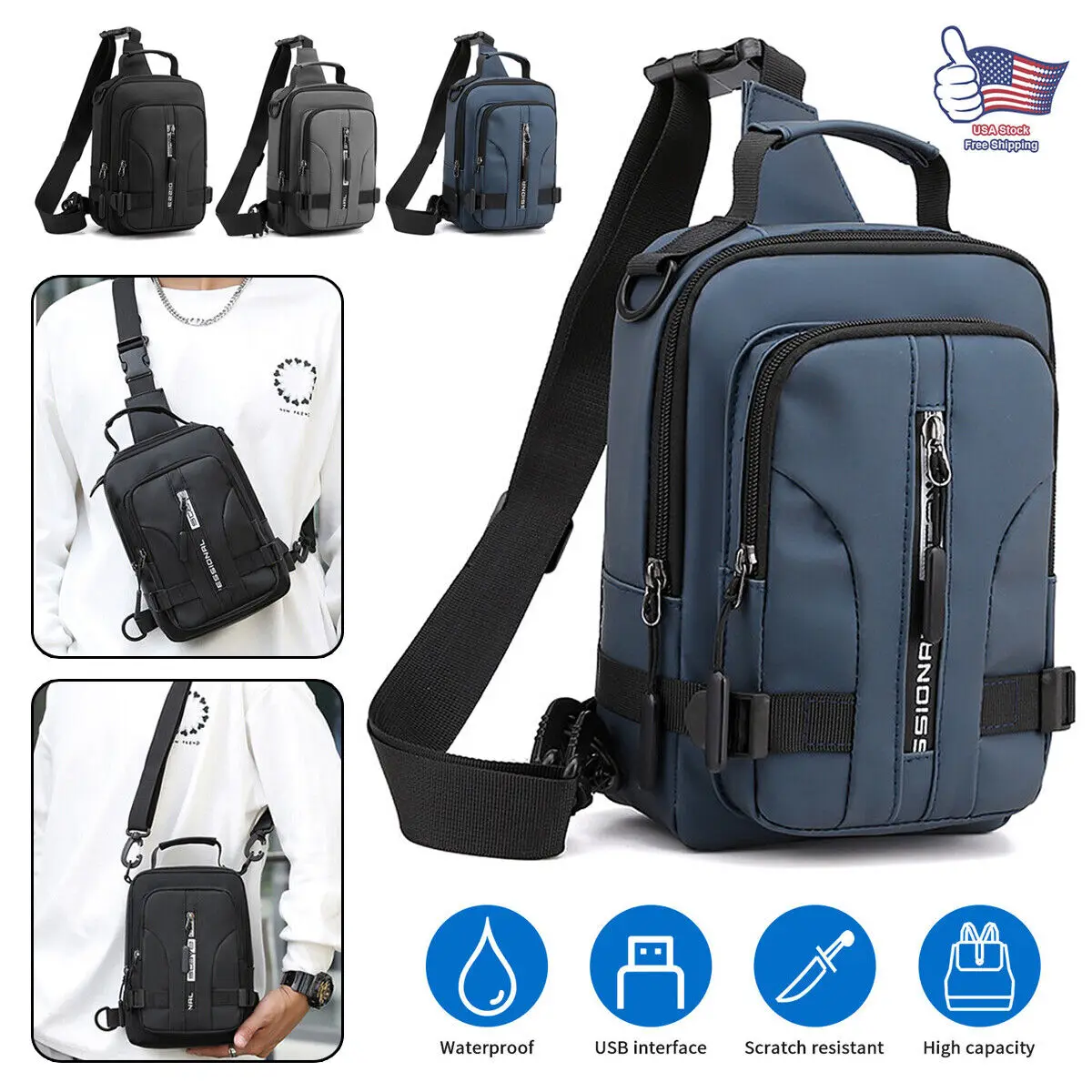 

New Arrival Casual Men Chest Bag One-Shoulder Diagonal Bag Outdoor Multi-Functional Waterproof Anti-Theft Chest Bag Usb Port Hot