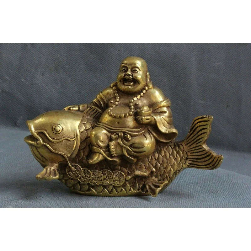 

Chinese Bronze Yuan Coin Wealth Happy Smile Maitreya Buddha Ride Fish Statue RR