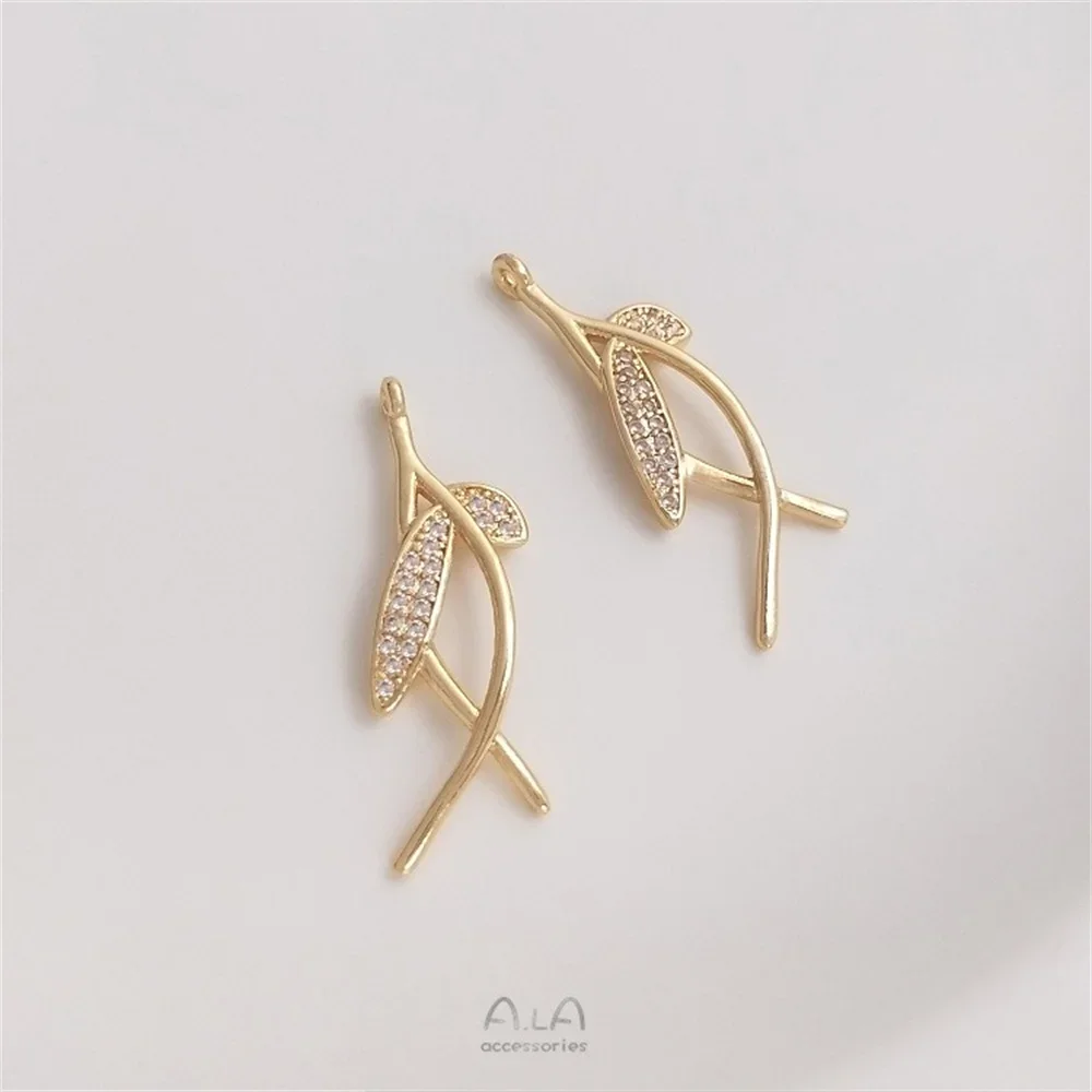 14-каратное золото с микроинкрустацией цирконом кулон в виде ветки и листа серьги